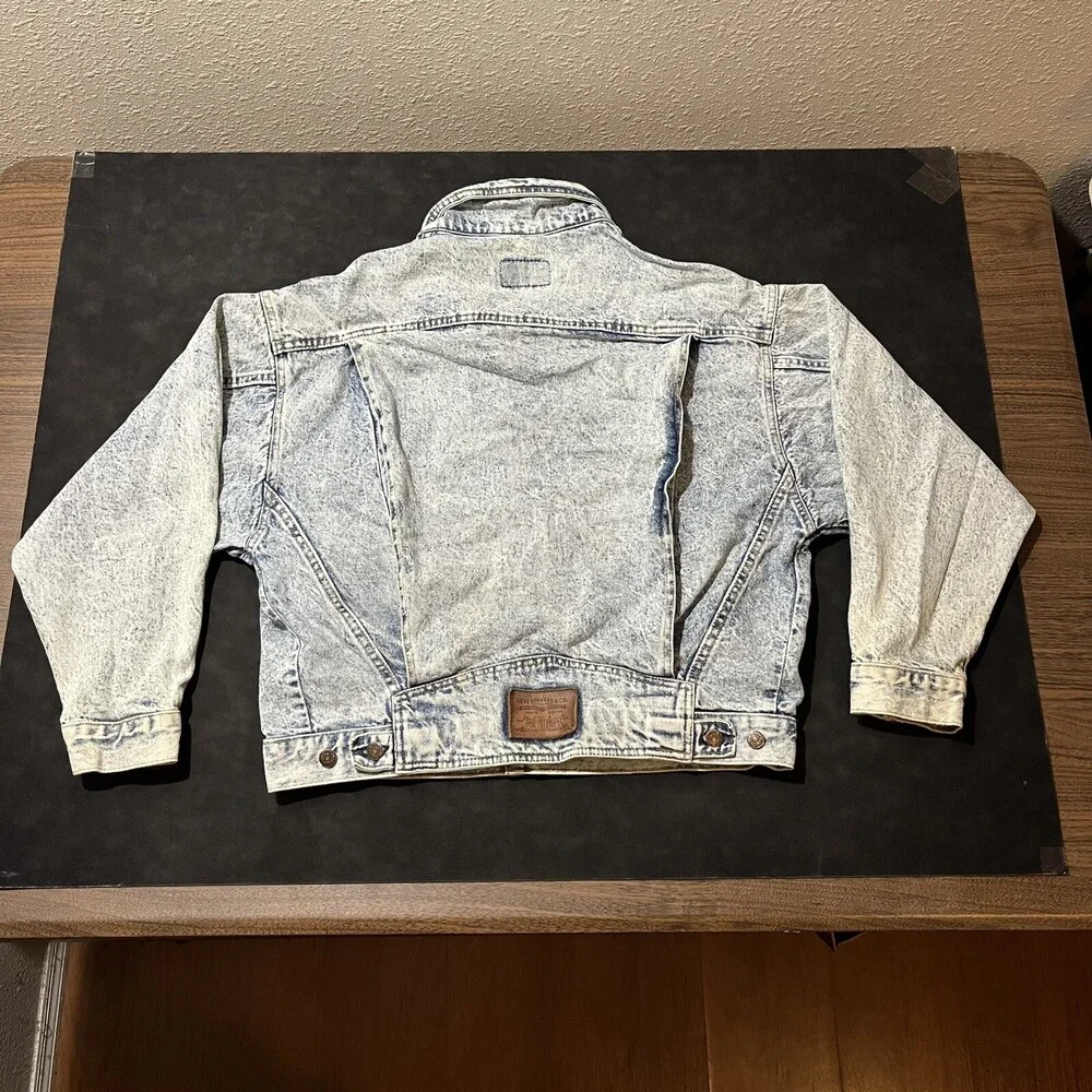 Vintage Levis Trucker Jacket 1980s Galactic Acid wash Levi Moto Leather Patch US